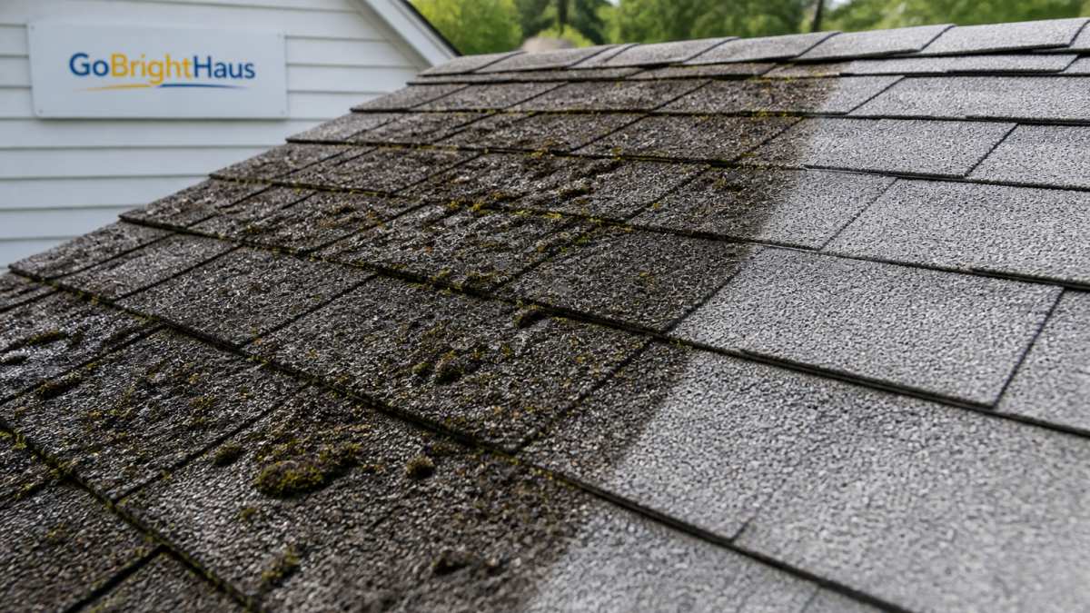 Close-up of asphalt roof shingles with visible dark algae stains and moss growth, showing the contrast between affected areas and clean sections, with natural outdoor lighting
