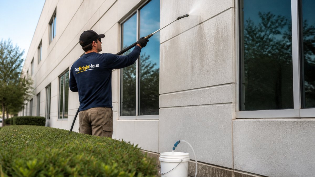 A professional soft washing technician in safety gear using a low-pressure sprayer on the exterior wall of a commercial office building, with clean siding visible and a bucket of cleaning solution nearby