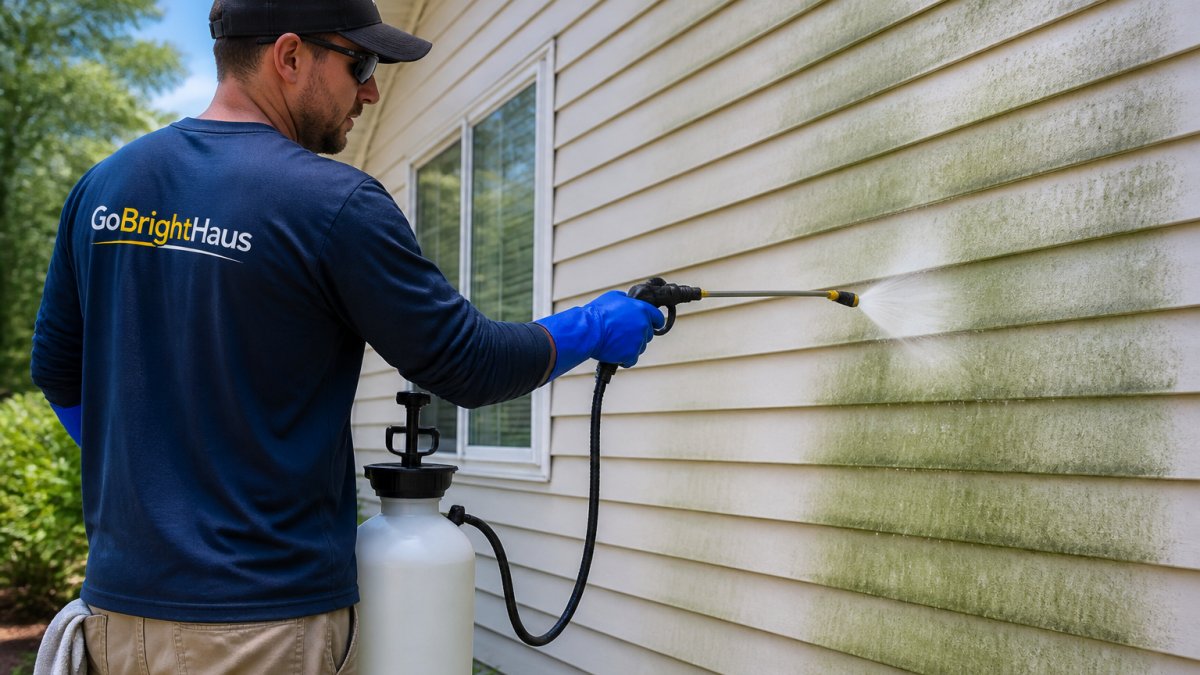 A homeowner in work clothes and gloves spraying a diluted cleaning solution onto green-stained vinyl siding with a pump sprayer on a sunny day
